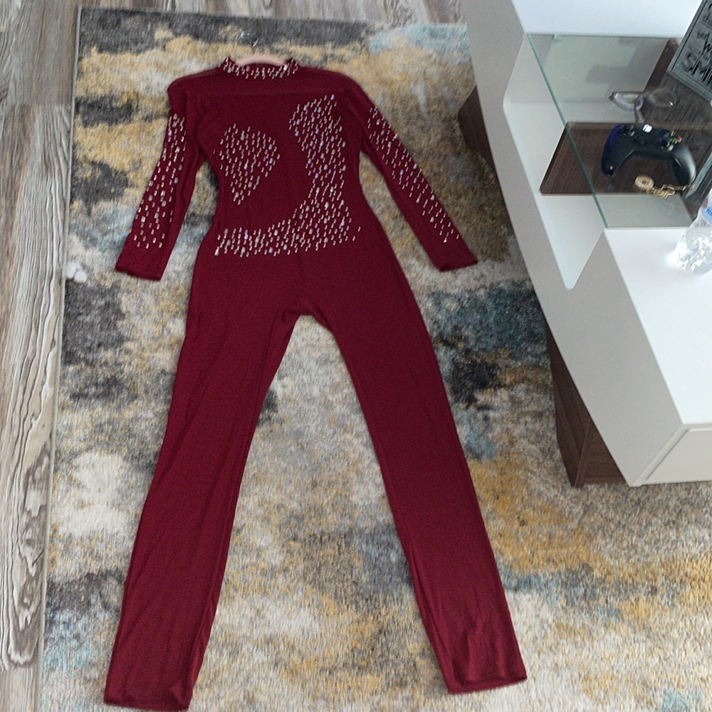 Burgundy jumpsuit with rhinestones. Size L